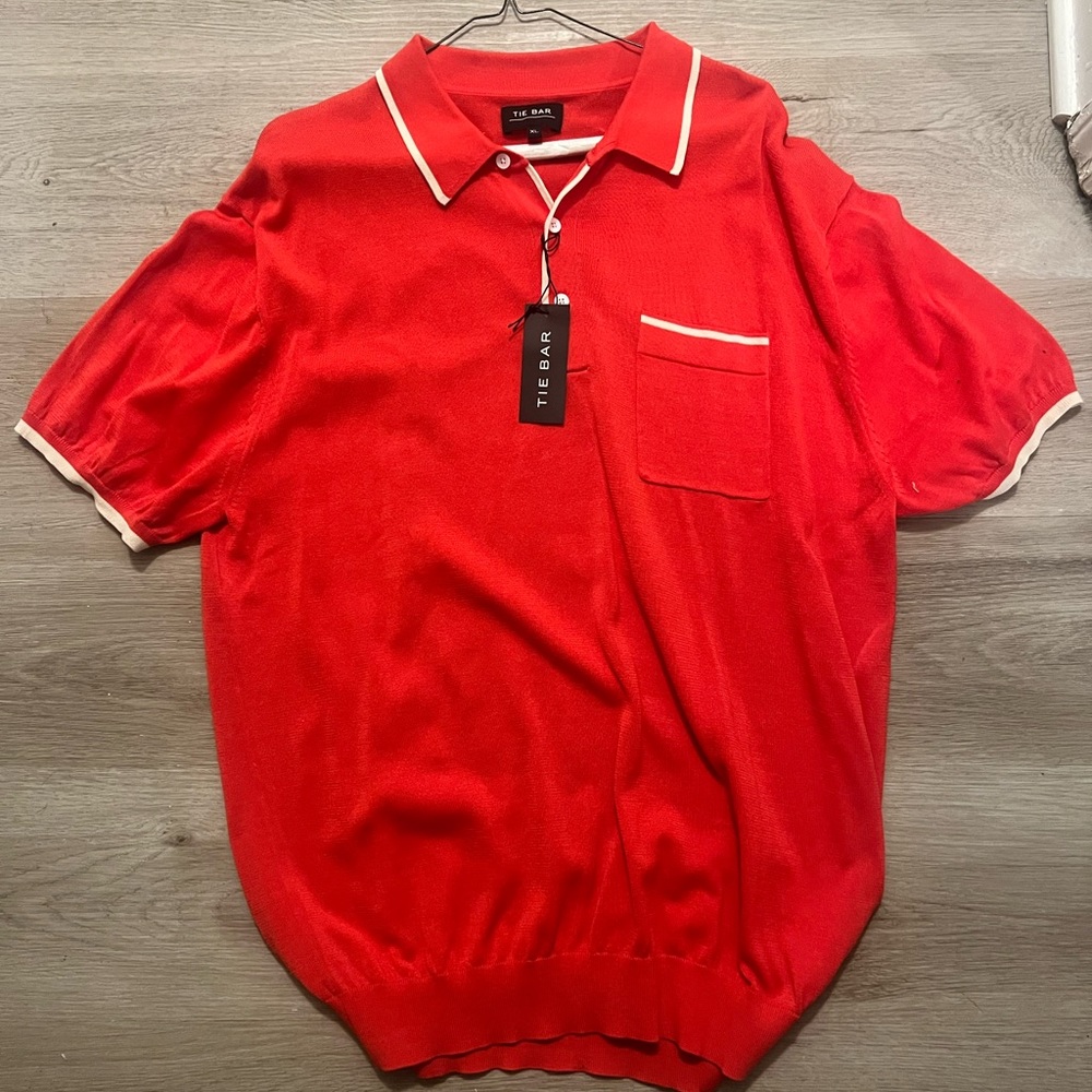 Tie Bar Tipped Cotton Short Sleeve Polo Sweater Tomato Red Polo